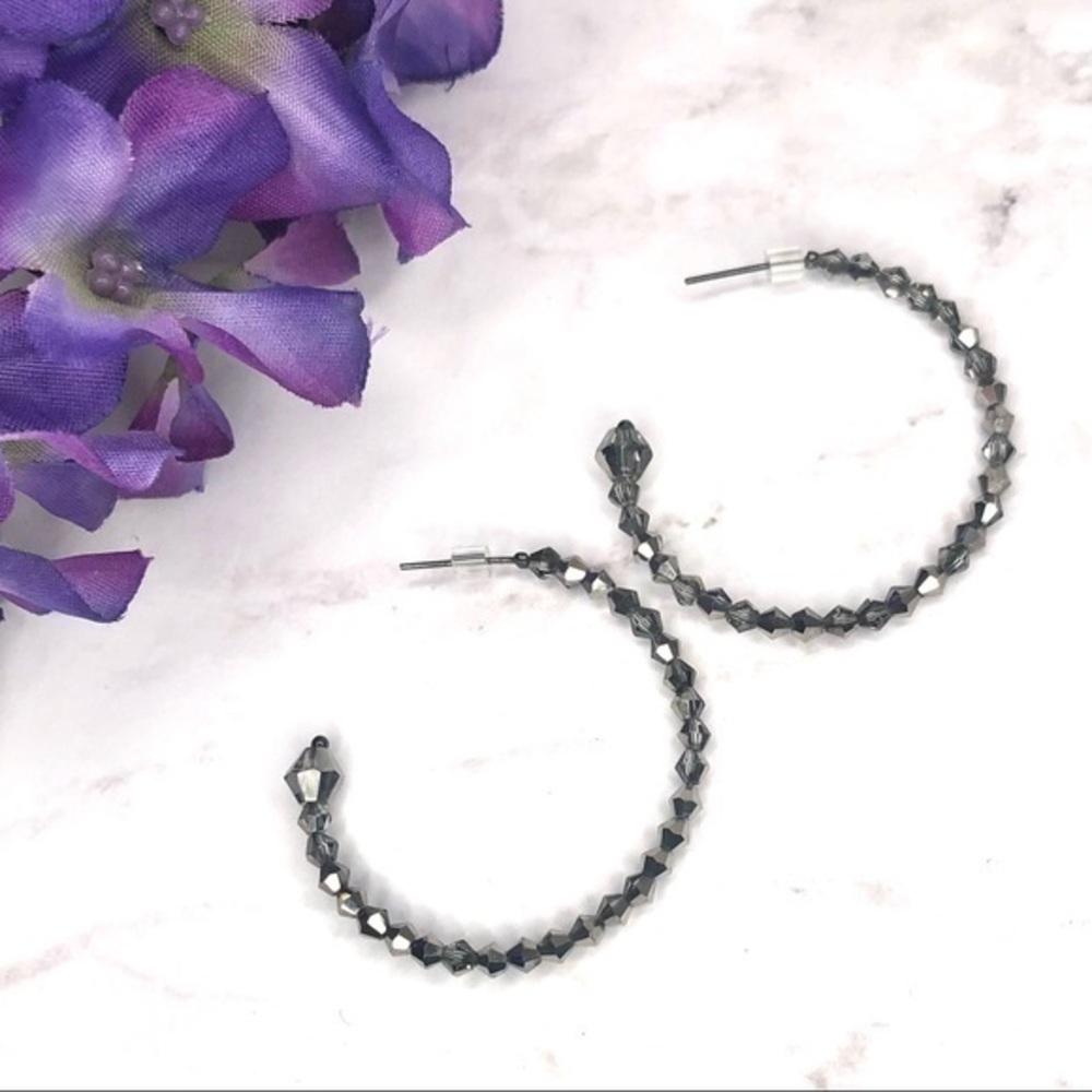 CHICOS SILVER TONE BEADED HOOP EARRINGS